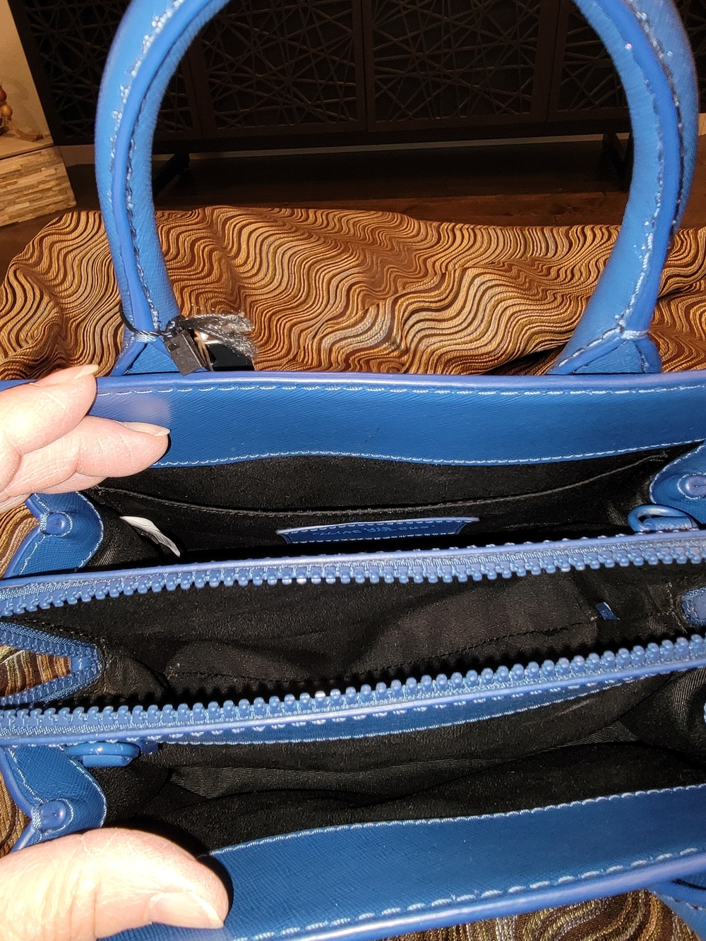 Structured Blue Crossbody Satchel with Twilly-Wrapped Handle - Picture 2 of 6